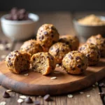 Delicious homemade energy bites arranged on wooden board with scattered oats and chocolate chips