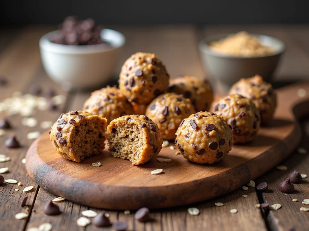 Delicious homemade energy bites arranged on wooden board with scattered oats and chocolate chips