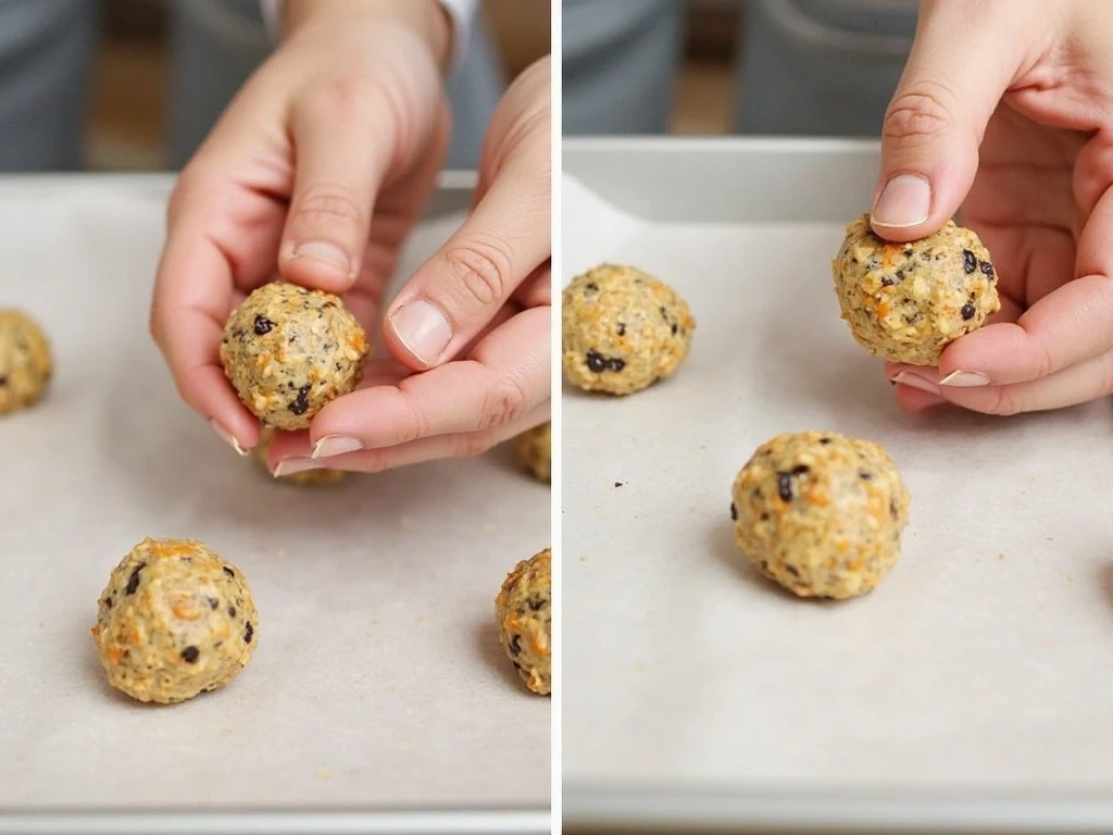 Hands rolling energy bite mixture into balls on parchment-lined baking sheet