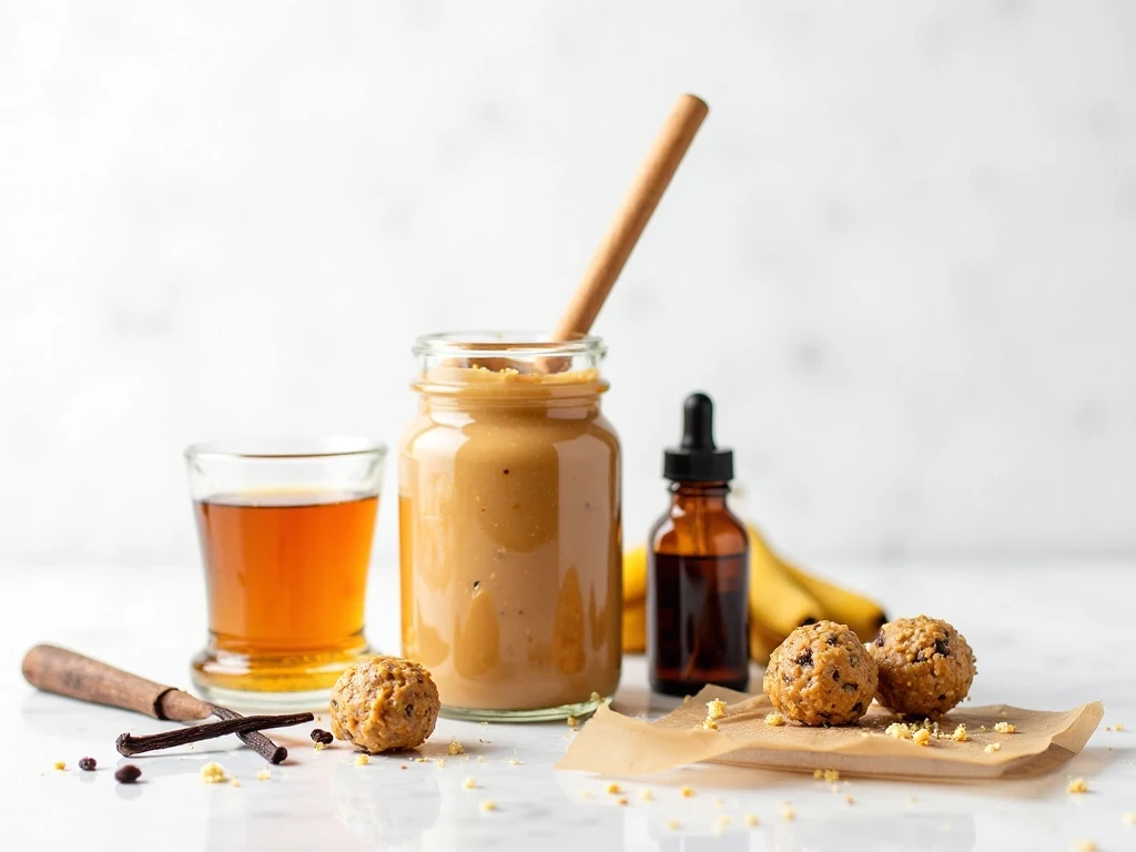 Wet ingredients for energy bites - peanut butter, honey, and vanilla extract